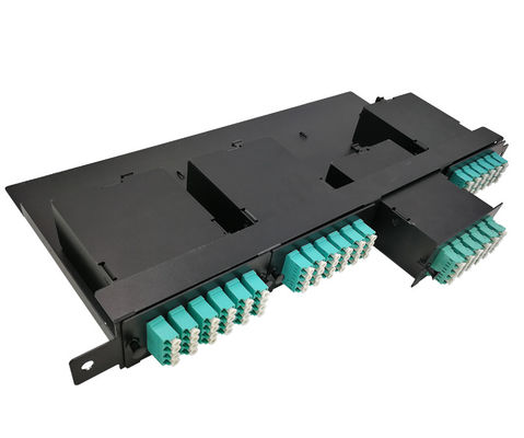 144 Cores 19 &quot;1U MTP Fiber MPO Patch Panel Dengan Kaset OM3 MTP-LC 4pcs