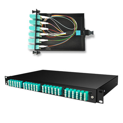 144 Cores 19 &quot;1U MTP Fiber MPO Patch Panel Dengan Kaset OM3 MTP-LC 4pcs