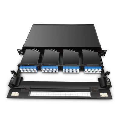 144 Cores 19 &quot;1U MTP Fiber MPO Patch Panel Dengan Kaset OM3 MTP-LC 4pcs