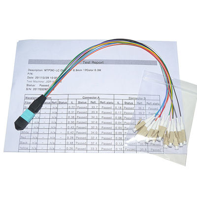 Disesuaikan 12 Core 0.9mm MPO Fiber Patch Cord Singlemode 1M Fanout